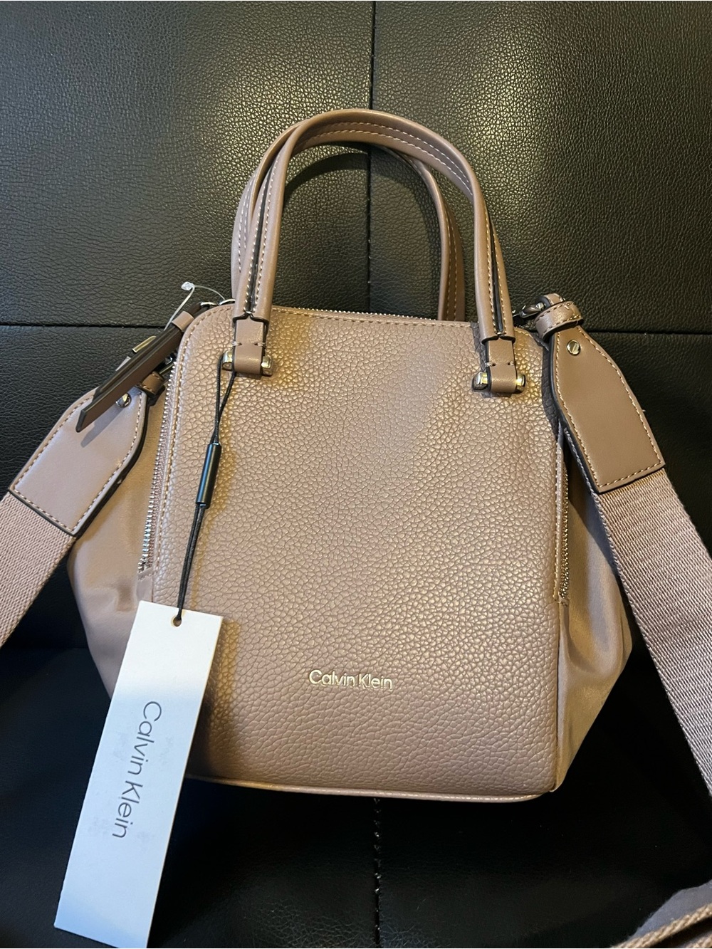 Calvin Klein Taupe Pebbled Leather Satchel with Strap - Picture 2 of 5